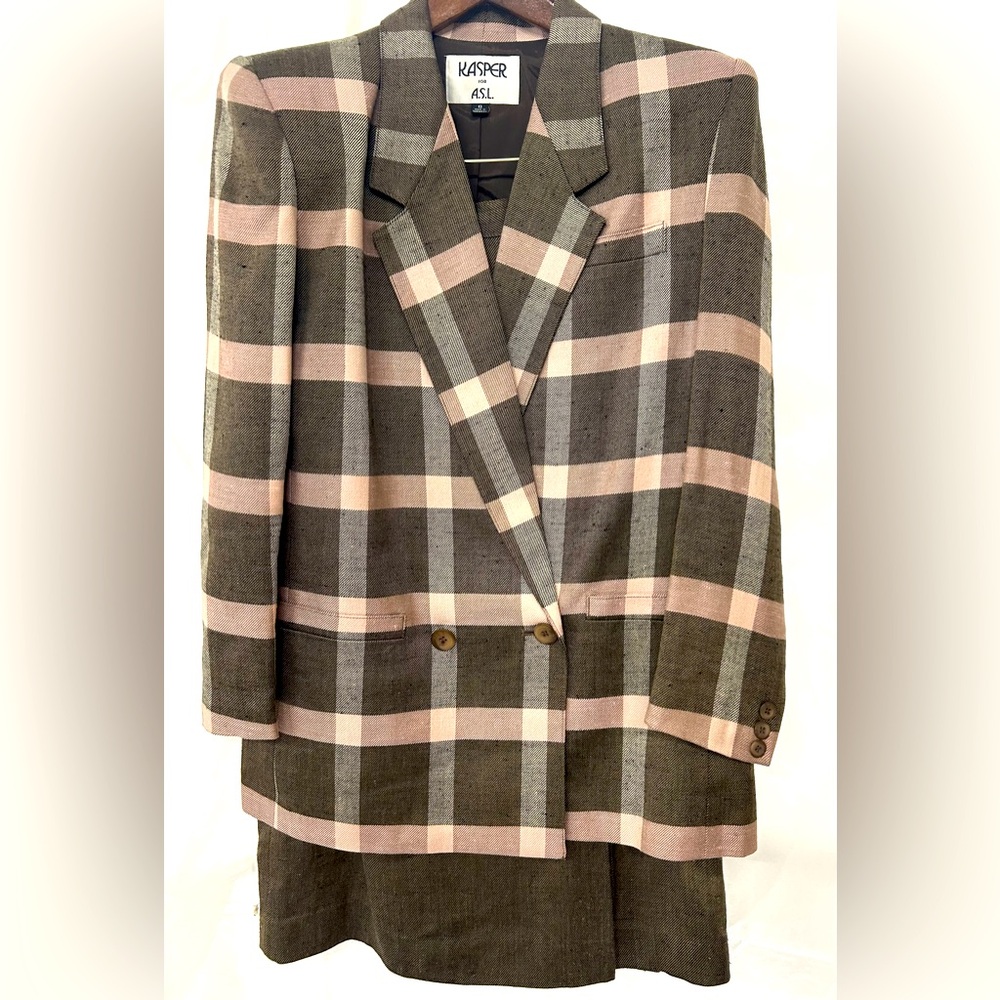Kasper Brown and pink plaid suit